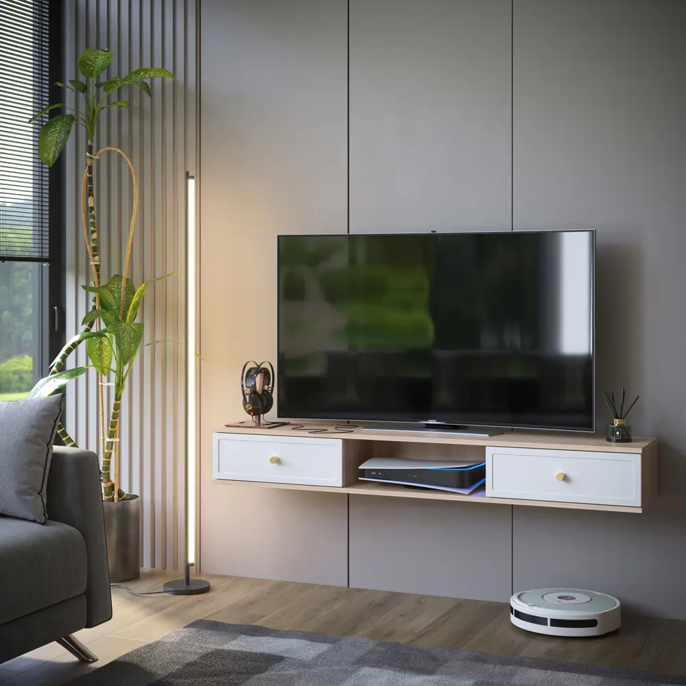 Тумба под телевизор KONSENSA Амьен 150x20x30 см ЛДСП цвет белый/коричневый Лион STLM-2017029