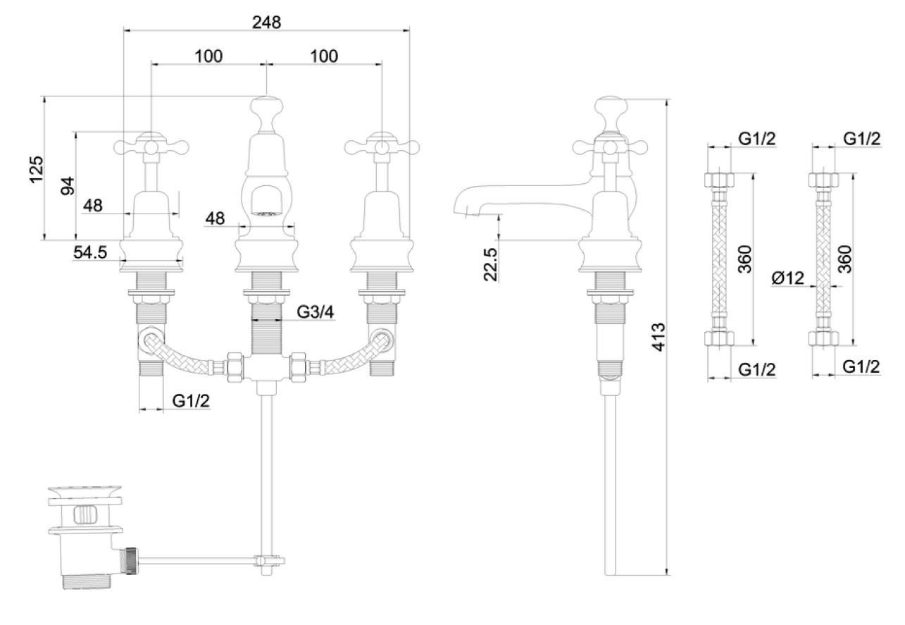 Смеситель для раковины с 3 отверстиями Burlington CLAREMONT REGENT ARCH-00126955 - Вид №4