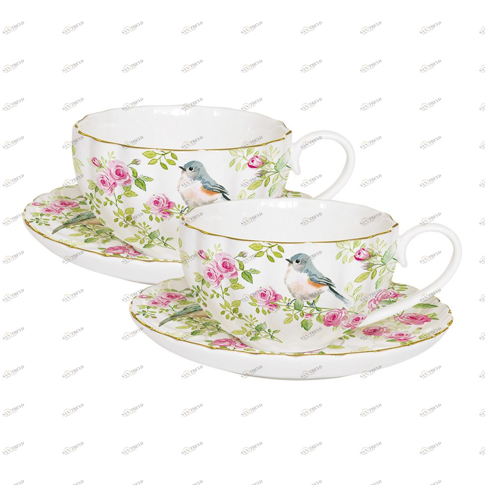 Кофейные чашки фарфоровые с блюдцами 2 шт белые "Птицы в саду" EASY LIFE ПТИЦЫ В САДУ 00-3947012 Белый;розовый 