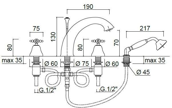 Rubinetteria Giulini Комплект для ванны с ручным душем на 4 отверстия Parigi 7365 - Вид №1