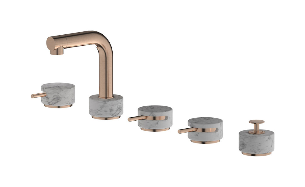 Смеситель на бортик ванной на 5 отверстий с дивертером и душевым гарнитуром. WE ARE IB mm396sr_1 Brushed Rose Gold Marmo