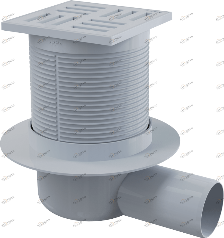 Сливной трап 105×105/50 мм боковой сток, решетка серая, гидрозатвор мокрый ALCAPLAST APV5111