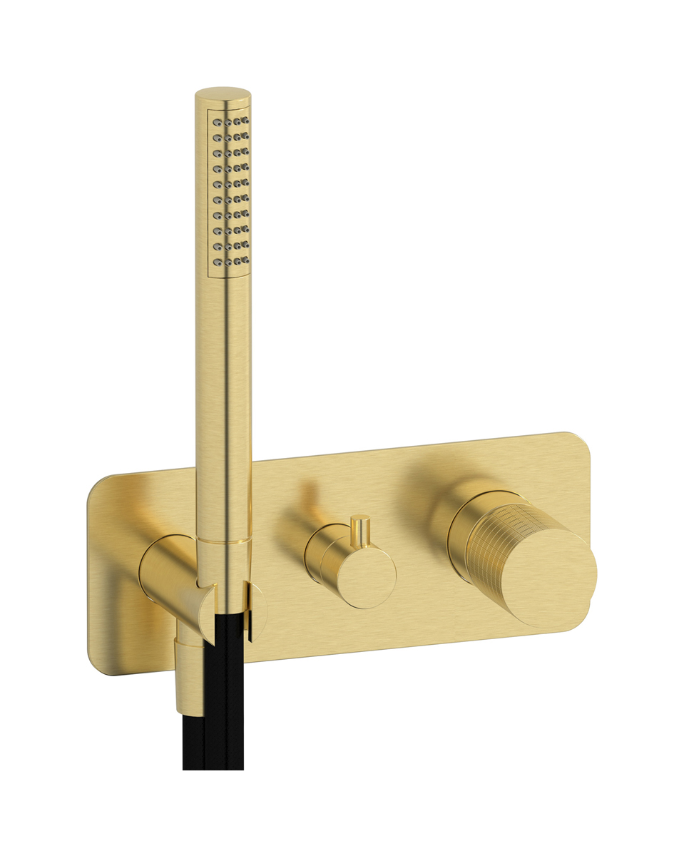 Внешние части встроенного в стену смесителя на 3 потребителя в комплекте с душевым гарнитуром. WE ARE IB ga314is Brushed Pale Gold Gatsby