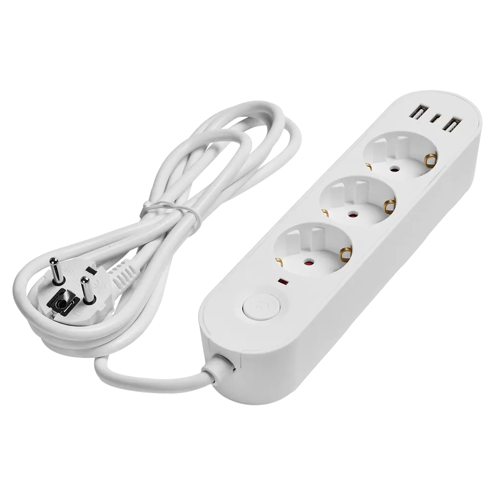 Удлинитель бытовой Skybeam 3x1 2 м 3 розетки с заземлением 3680 Вт с USB и выключателем цвет белый STLM-2183726 - Вид №1