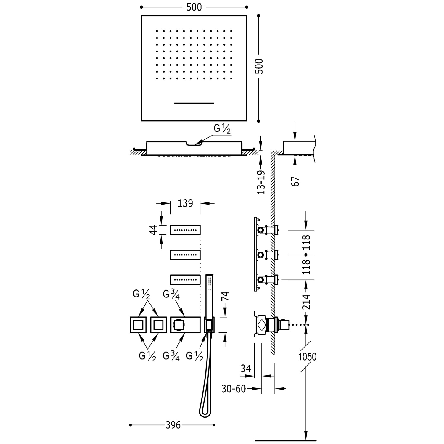 БЛОЧНАЯ СИСТЕМА Block System 4-ходовой комплект скрытого термостатического смесителя для душа-20725402 TRES Thermostatic - Вид №1
