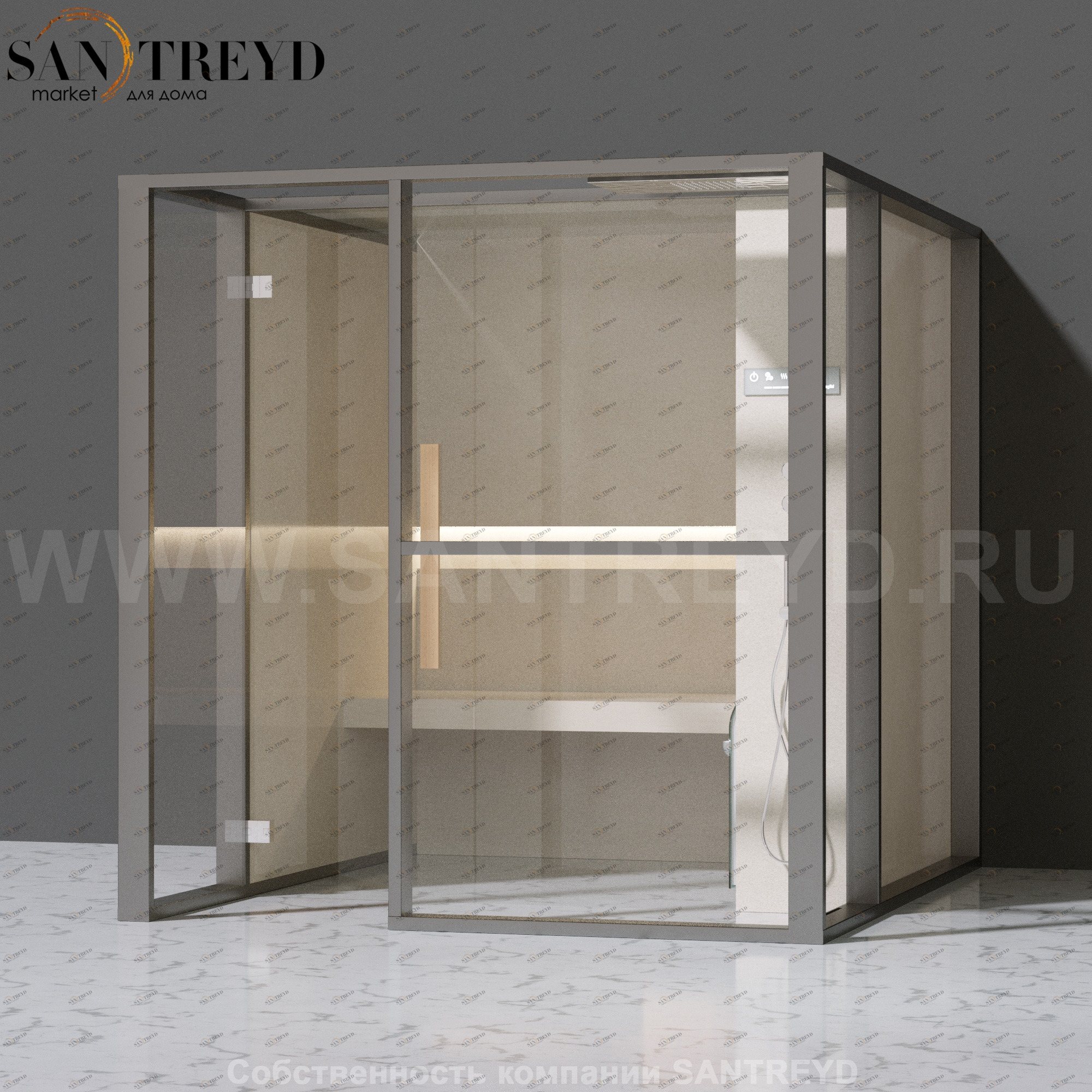 Effegibi LOGICAFILO H LO31010001 Хаммам. Установка: к стене. Правая дверь. Мощность: 4,5 кВт макс. Размеры: длина 214 см, ширина 250 см. Отделка: матовый лакированный серый аллюминий и бежевый ламинат из керамогранита.