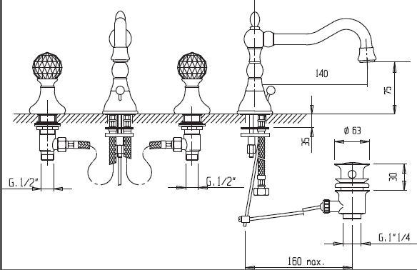 Смеситель для раковины на три отверстия CEZARES ATLANTIS-BLS2-02-Sw/M - Вид №1