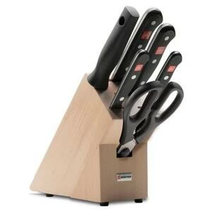 Набор кухонных ножей Gourmet: 4 шт., мусат, ножницы, на светлой деревянной подставке
