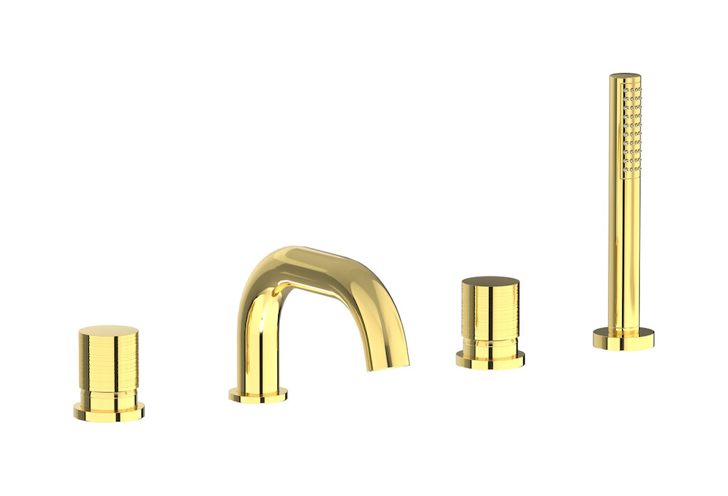 Смеситель на бортик ванной на 4 отверстий с дивертером и душевым гарнитуром. WE ARE IB vn407cf Gold Vinile