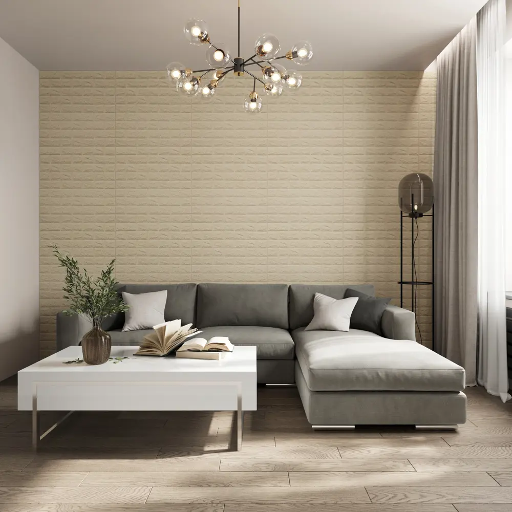 85251007 Листовая панель ПВХ самоклеящаяся мягкая 3D кирпич слоновая кость 770x700x4 мм 0.539 м² STLM-0060431 DEKOR PANEL  - Вид №2