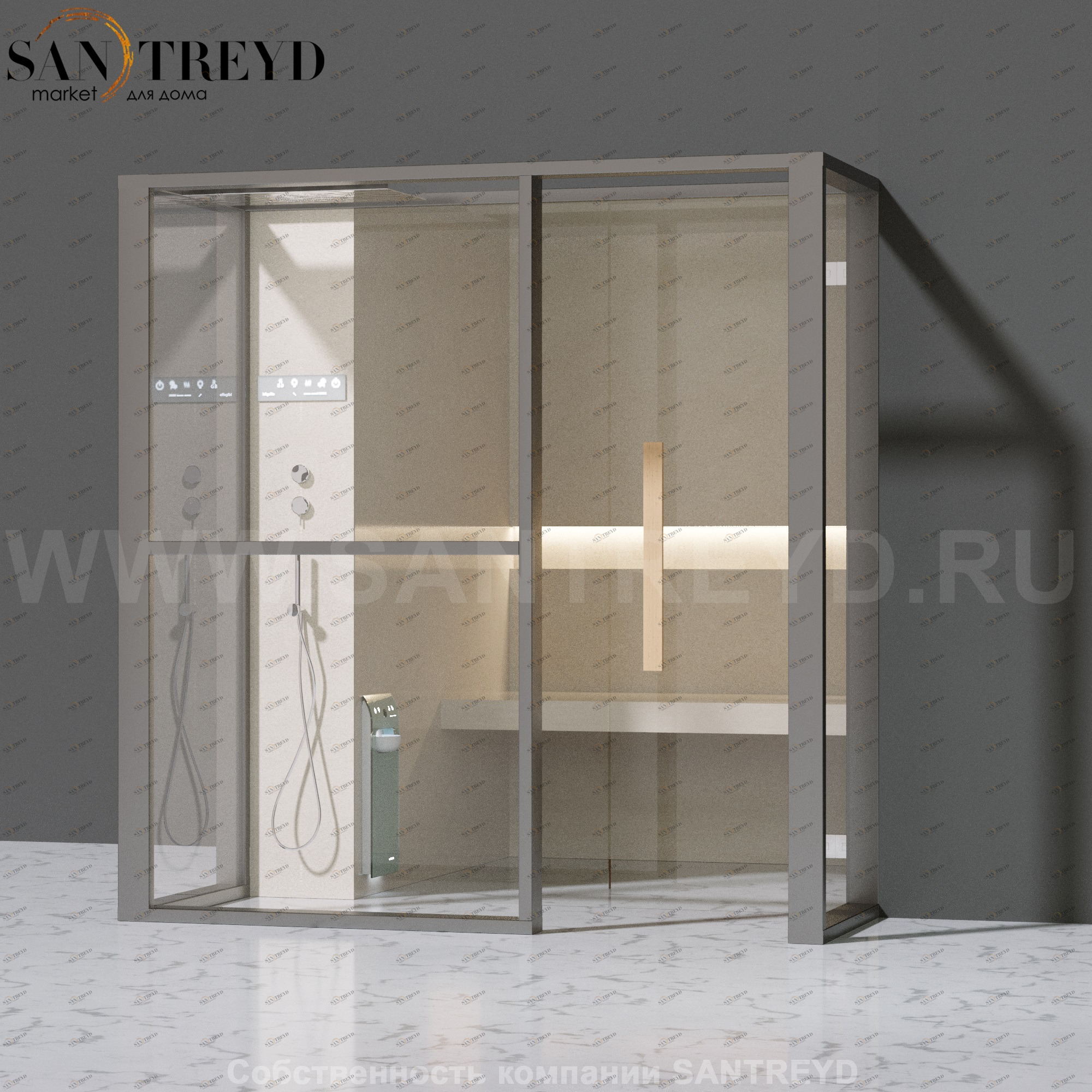 Effegibi LOGICAFILO H LO31010016 Хаммам. Установка: в правый  полуугол. Левая дверь. Мощность: 4,5 кВт макс. Размеры: длина 214 см, ширина 250 см. Отделка: матовый лакированный серый аллюминий и бежевый ламинат из керамогранита.