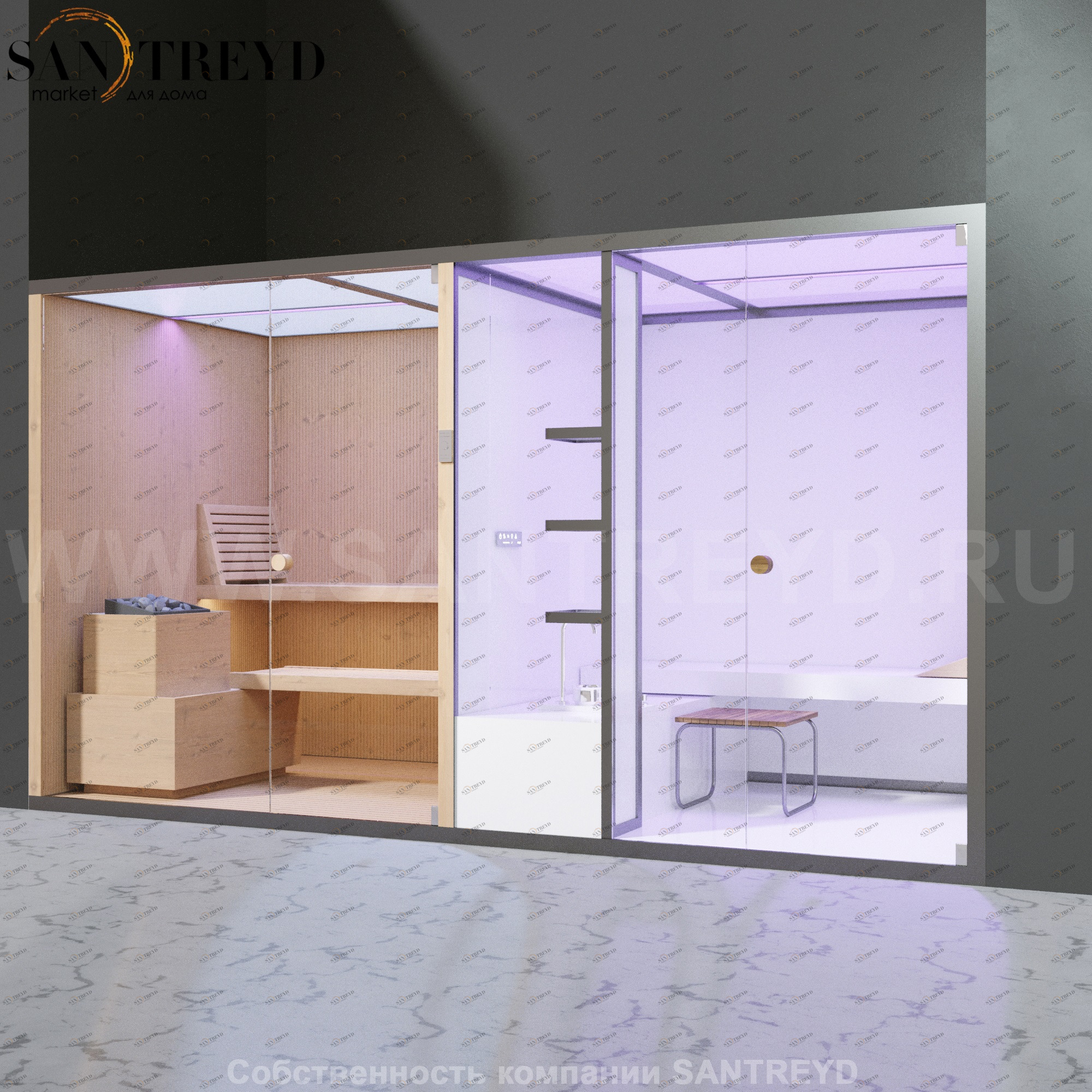 Effegibi BODYLOVE SH BL40150001 Фронтальная комбинированная баня: хаммам и сауна. Установка: в нишу. Мощность: 15 кВт макс. Размеры: длина 393 см, ширина 176 см. Отделка: канадский хемлок без отделки.