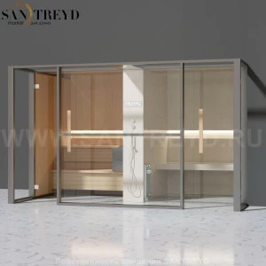 Effegibi LOGICAFILO LO11010011 Комбинированная баня: хаммам и сауна. Установка: в правый  полуугол. Мощность: 10,5 кВт макс. Размеры: длина 373 см, ширина 250 см. Отделка: канадский хемлок, матовый лакированный серый аллюминий и бежевый ламинат из керамог