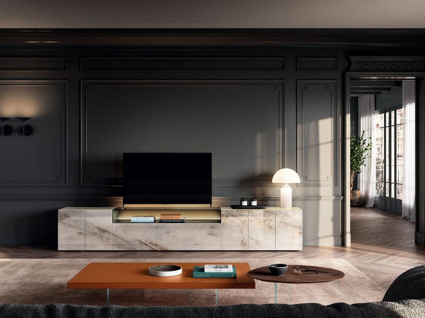 Стеклянный шкаф для телевизора с выдвижными ящиками и распашными дверцами Lago 36E8 GLASS - 2151 ARCH-00036205