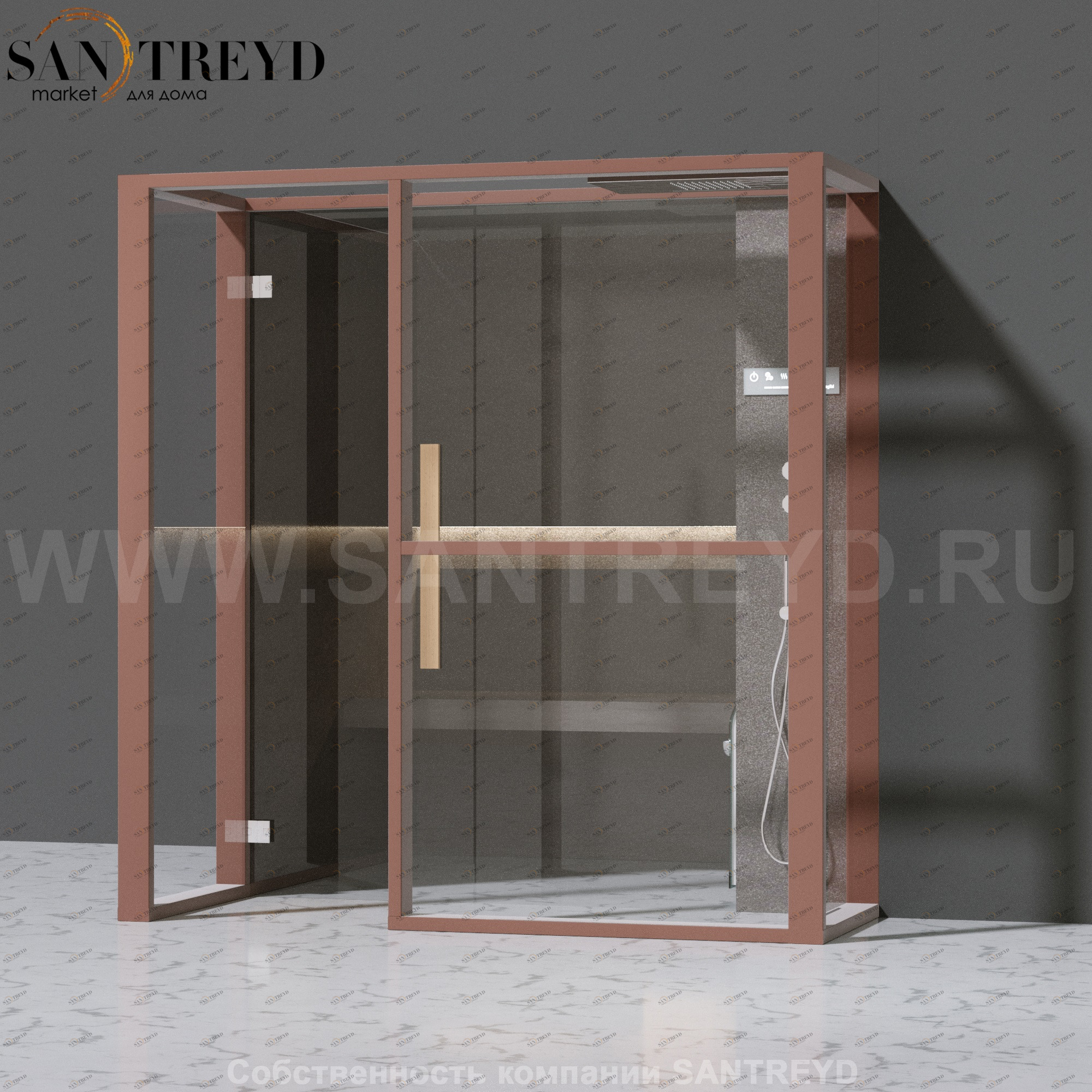 Effegibi LOGICAFILO H LO31030015 Хаммам. Установка: в правый  полуугол. Правая дверь. Мощность: 4,5 кВт макс. Размеры: длина 214 см, ширина 250 см. Отделка: матовый лакированный коричневый аллюминий и темный ламинат из керамогранита.