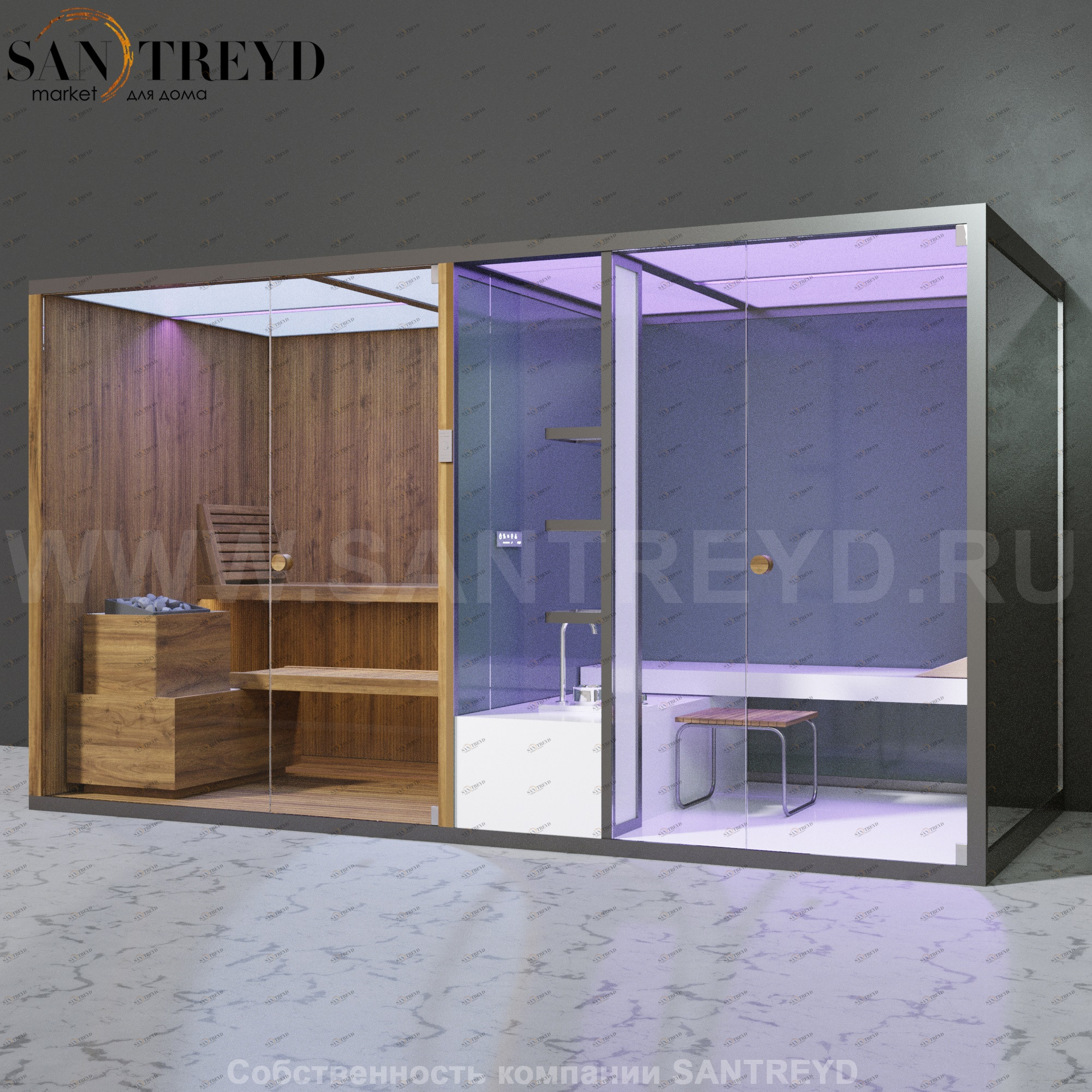 Effegibi BODYLOVE SH BL40230007 Фронтальная комбинированная баня: хаммам и сауна. Установка: к стене. Мощность: 15 кВт макс. Размеры: длина 393 см, ширина 176 см. Отделка: термообработанная древесина, гладкое стекло и зеркало.