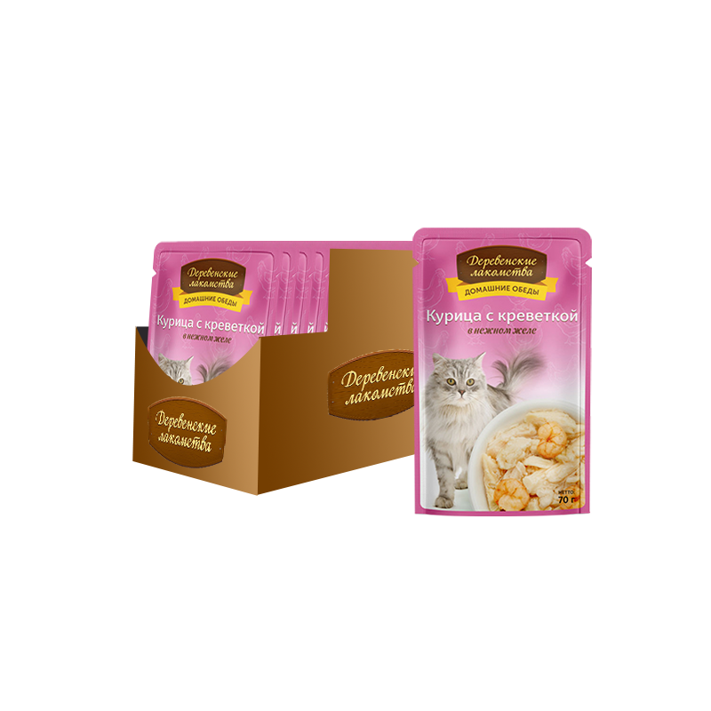 ПР0046897*12 Корм для кошек Курица с креветкой в нежном желе пауч 70г (упаковка - 12 шт) ДЕРЕВЕНСКИЕ ЛАКОМСТВА 