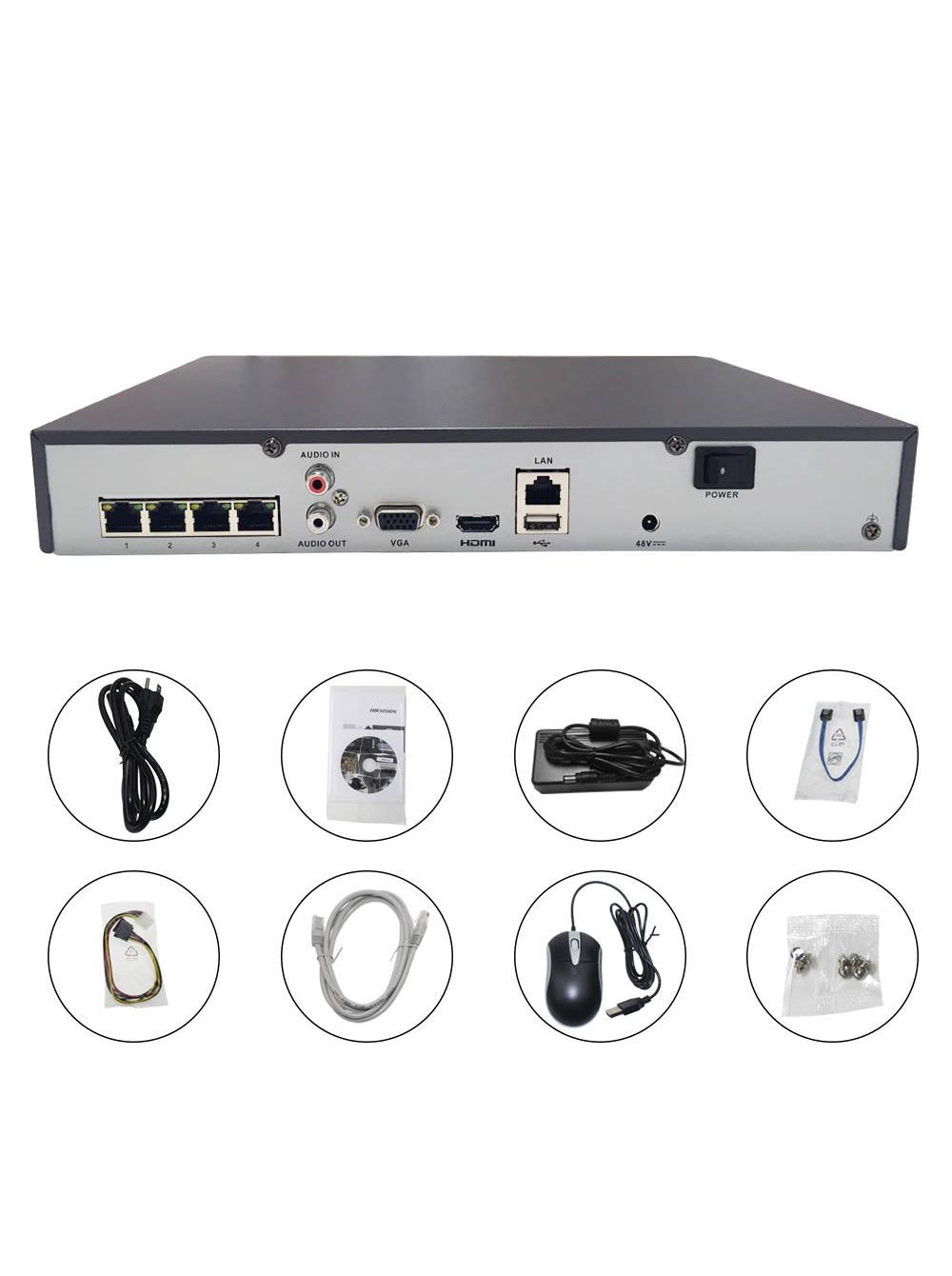 DS-7604NI-K1/4P 4-х канальный ip-видеорегистратор с poe, 1 vga, 1 hdmi, аудио 1/1, вх поток 40мб/с, исх поток 80мб/с, разреш записи до 8мп, синхр воспр 2 канала@4мп, 1 hdd 6тб, 4 poe, 1 rj45, 2 usb, -10...+55°c, dc48в Hikvision Santreyd  - Вид №3