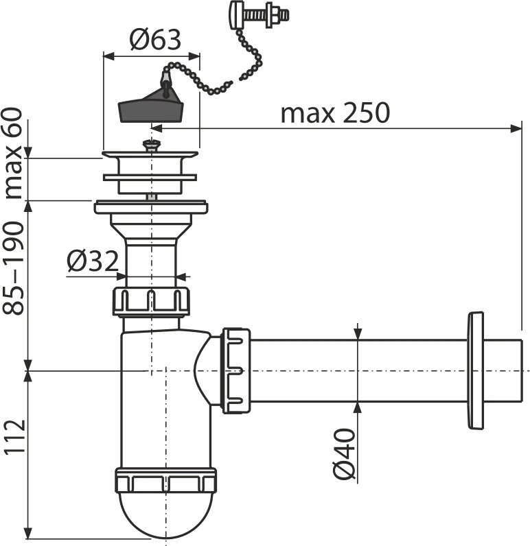 Сифон для умывальника DN40 с пластмассовой peшeткой DN63, с цепочкой ALCAPLAST A42R - Вид №1