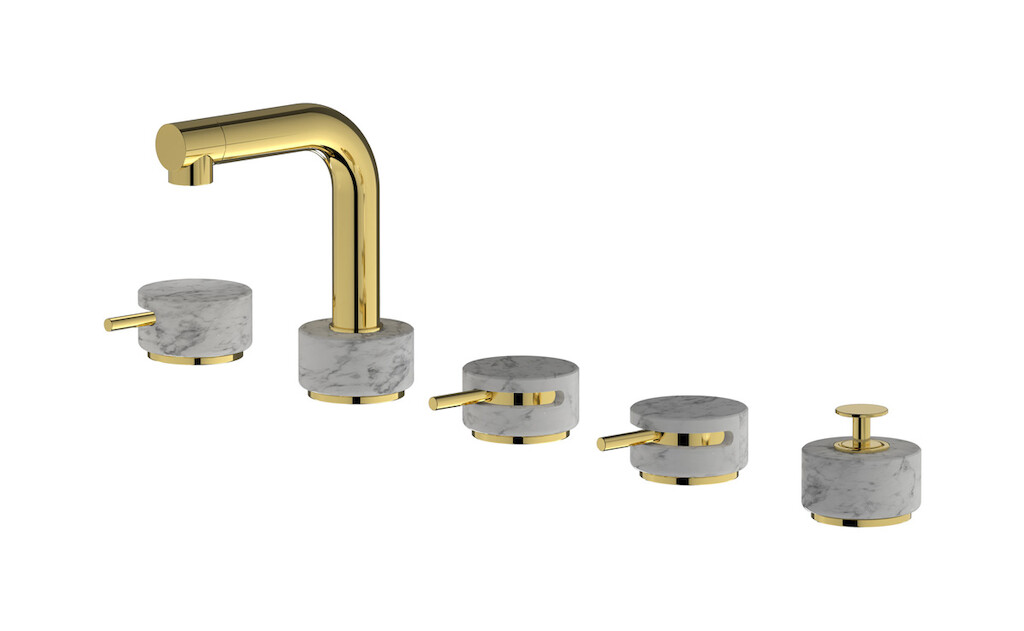 Смеситель на бортик ванной на 5 отверстий с дивертером и душевым гарнитуром. WE ARE IB mm396oo_1 Gold Marmo