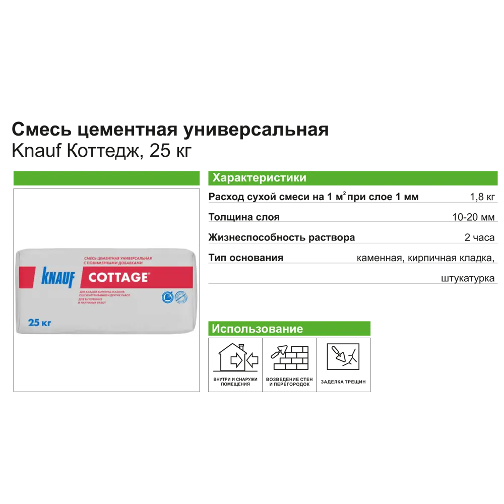 Универсальная цементная смесь KNAUF Коттедж для кладки и штукатурки 25 кг 11845295 Cottage STLM-0001533 - Вид №2