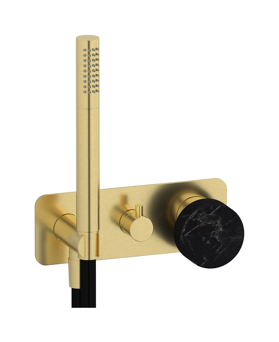 Внешние части встроенного в стену смесителя на 2 потребителя в комплекте с душевым гарнитуром. WE ARE IB mr313is_2 Brushed Pale Gold Marmo