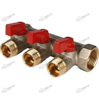 Коллектор с шаровыми кранами 3/4" STOUT 3 выхода 1/2", красные ручки SMB6200341203