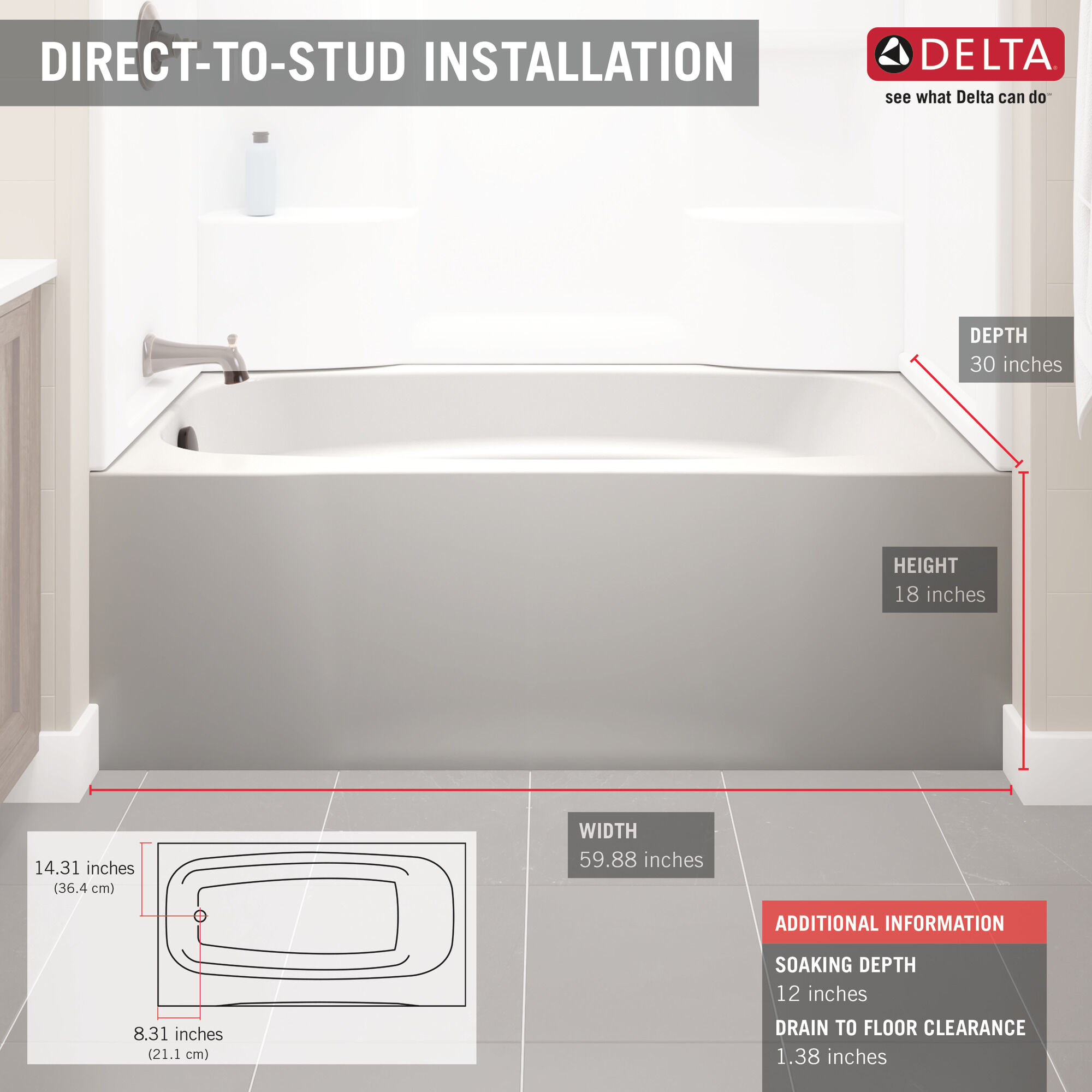ProCrylic 60 дюймов x 30 дюймов Левая ванна Delta Faucet B10513-6030L-WH - Вид №4