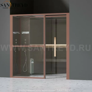 Effegibi LOGICAFILO H LO31030010 Хаммам. Установка: в нишу. Левая дверь. Мощность: 4,5 кВт макс. Размеры: длина 214 см, ширина 250 см. Отделка: матовый лакированный коричневый аллюминий и темный ламинат из керамогранита.
