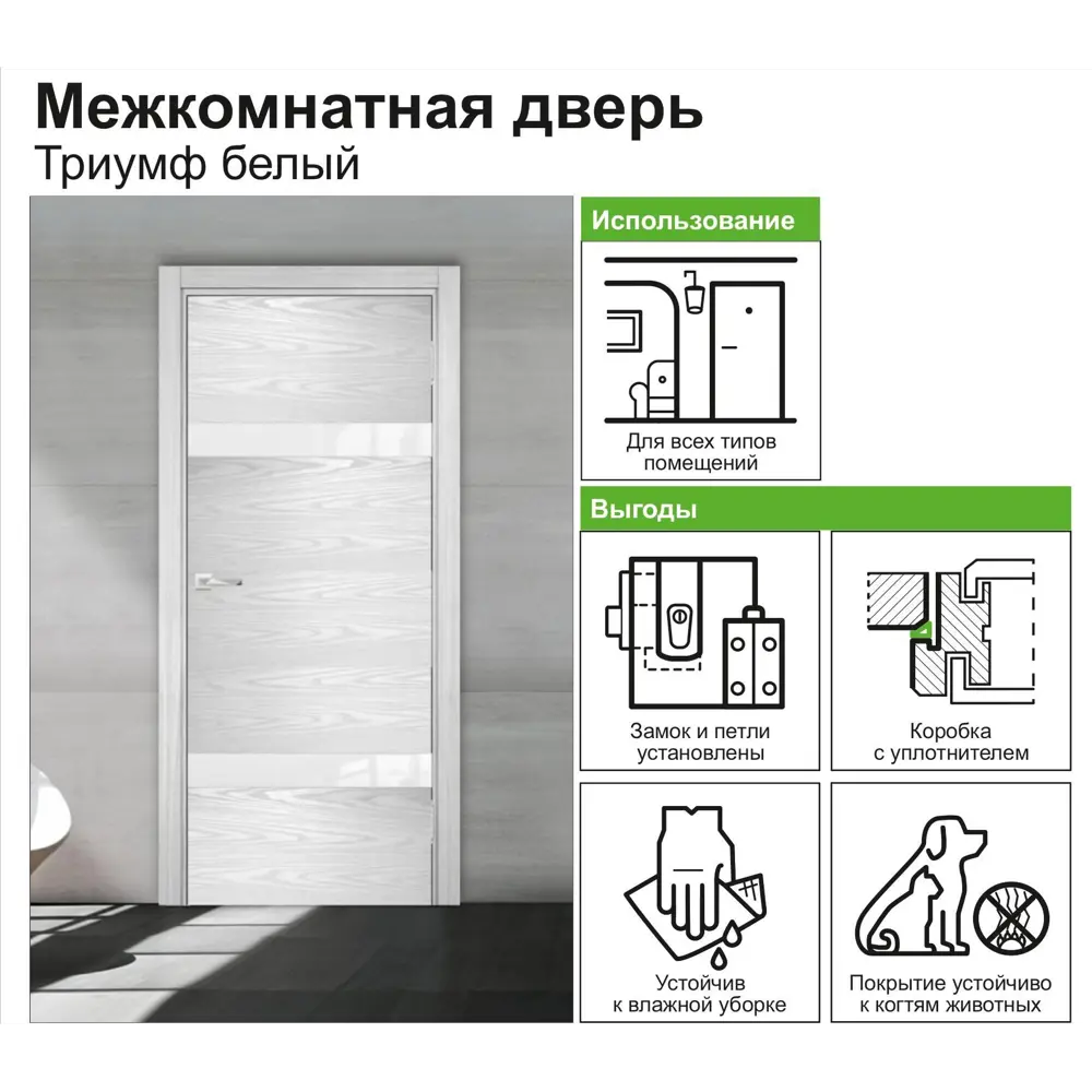 Дверь межкомнатная остеклённая с замком в комплекте Триумф 200x70 см ПВХ цвет белый CASAPORTE STLM-2120631 - Вид №2