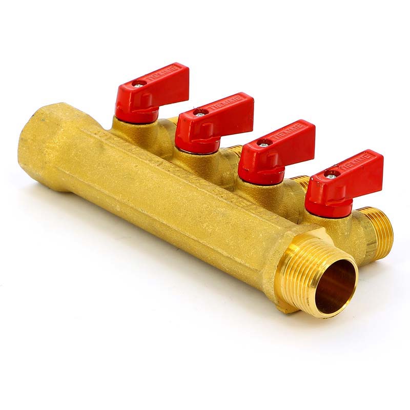 Коллектор НВ 3/4" с кранами с утолщенными стенками TIEMME 4 выхода 1/2"Н 36мм 1820020 - Вид №3