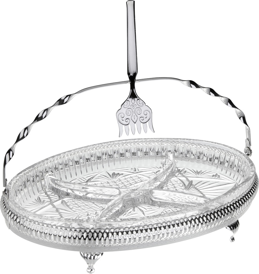 10611739 Queen Anne Менажница 4 секции с вилкой Queen Anne, 29см, 3 предмета, сталь, стекло, посеребрение Сталь нержавеющая с посеребрением, стекло 