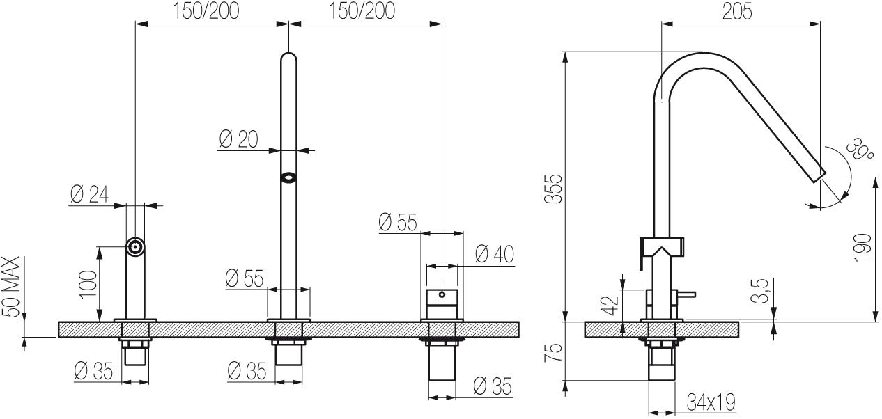 Radomonte Смеситель для кухни на 3 отверстия из нержавеющей стали с вытяжным душем  Cuc55  - Вид №1