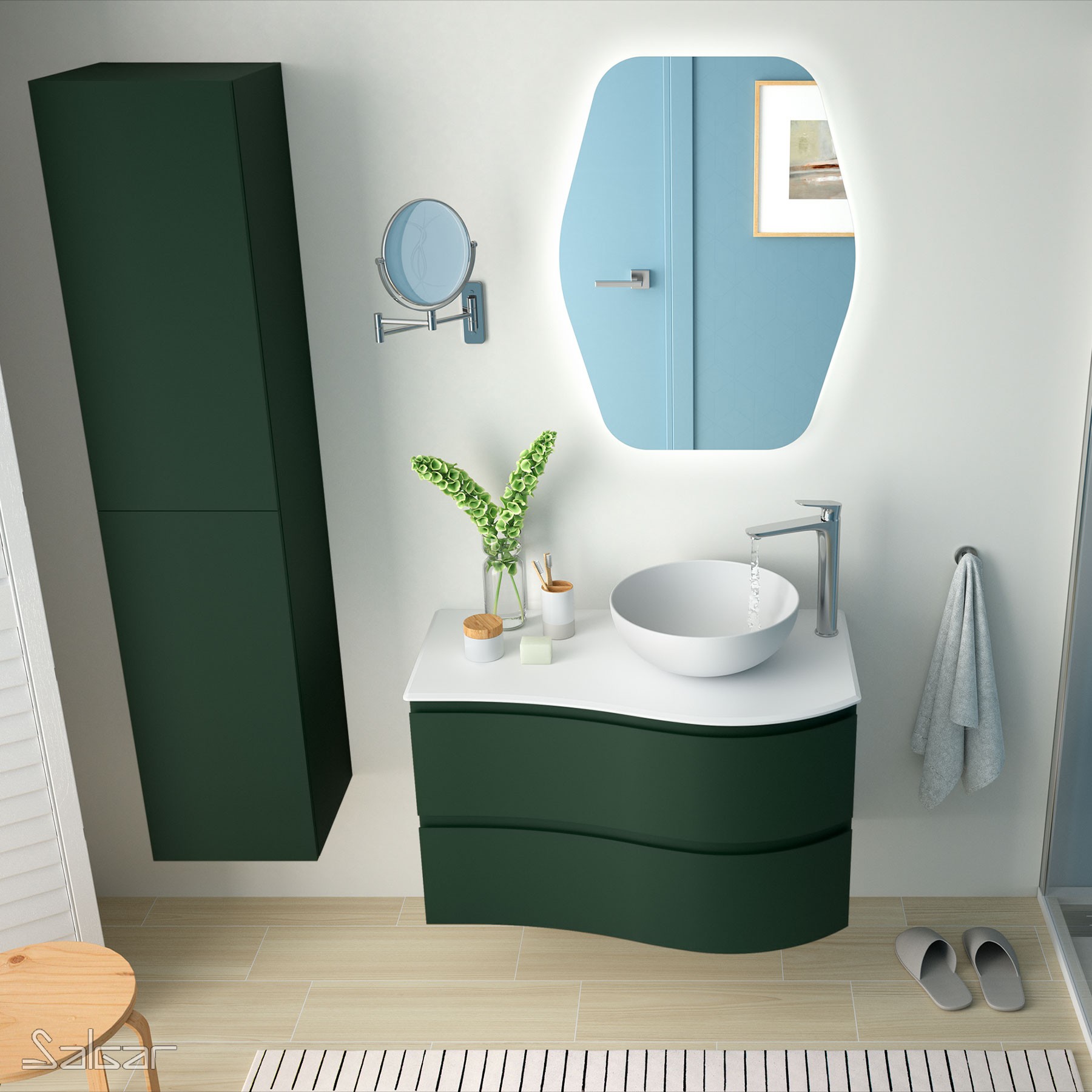 83863 SALGAR Подвесной умывальник MAM 900 ROYAL GREEN слева 2 металлических ящика с функцией soft close 897 x 540 x 505 мм Королевский зеленый  - Вид №1