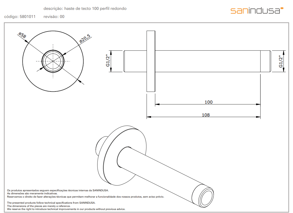 Потолочный держатель для душа 108 mm Sanindusa 5801011 - Вид №1