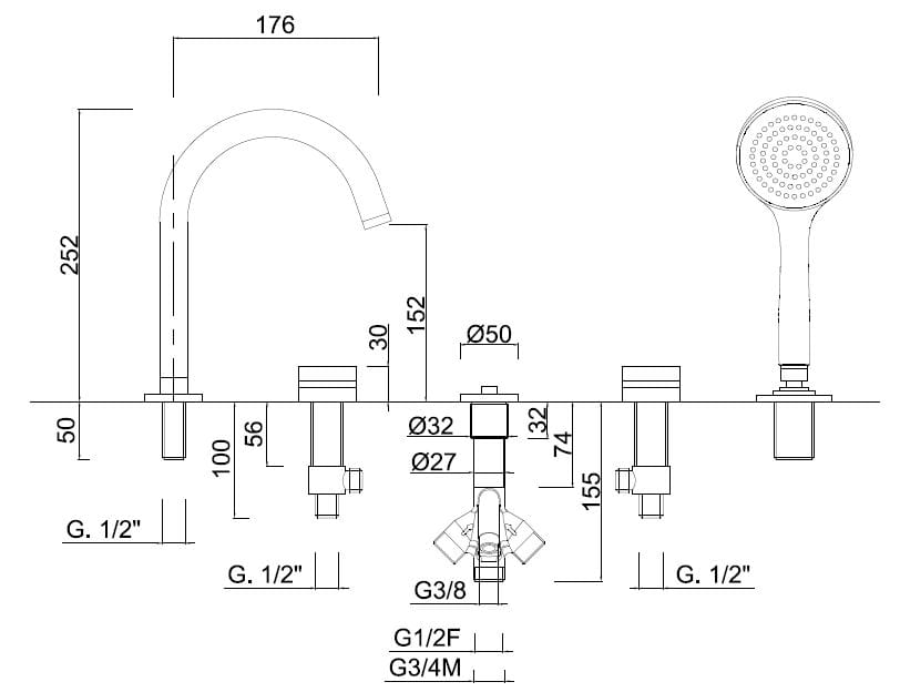 Набор для ванны с 5 отверстиями и ручным душем Rubinetteria Giulini MyRing ARCH-00065942 - Вид №2