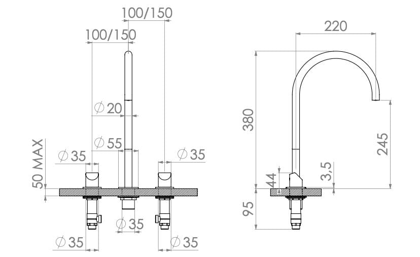 Смеситель для раковины с 3 отверстиями из нержавеющей стали Radomonte Dun ARCH-00102926 - Вид №2