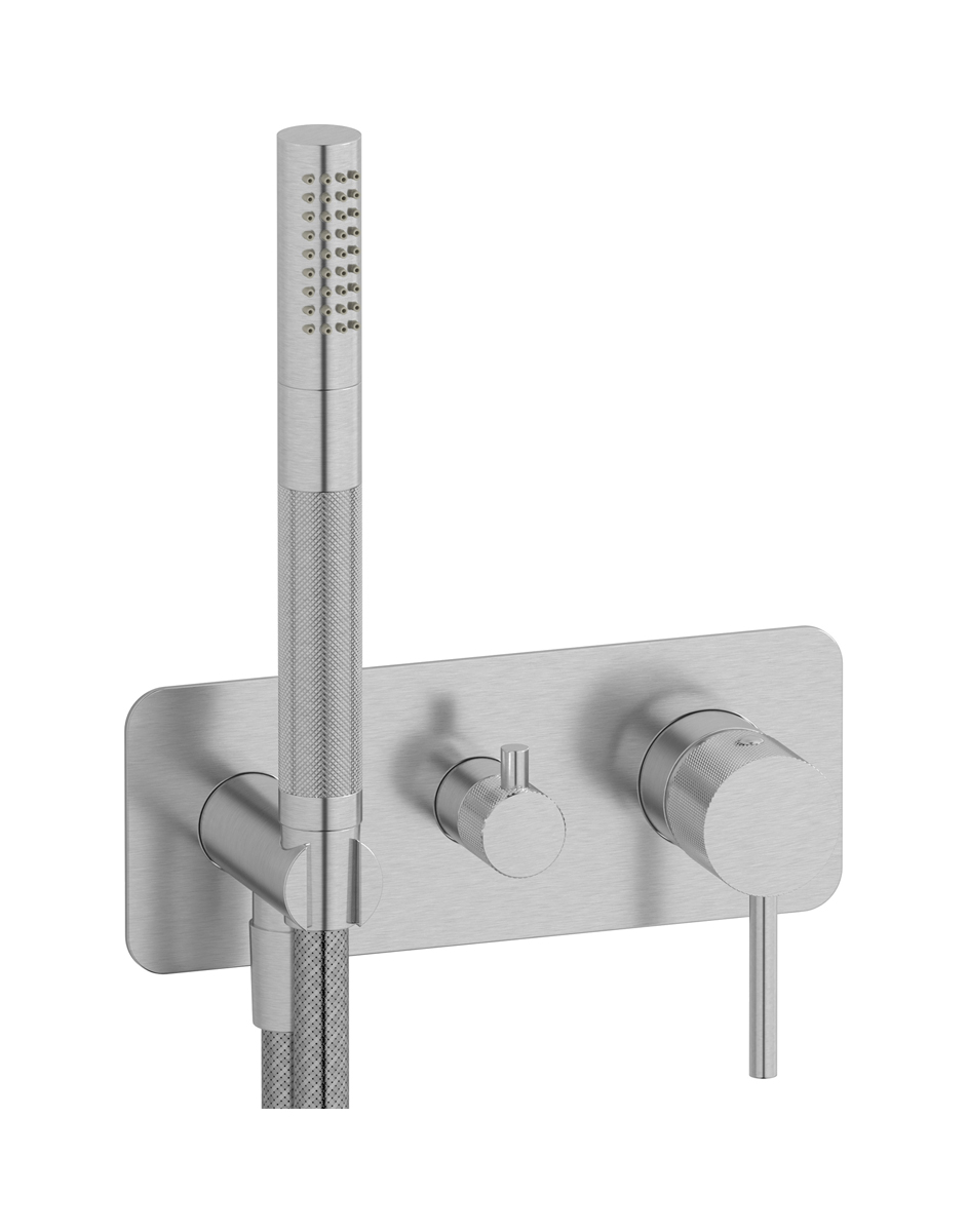 Внешние части встроенного в стену смесителя на 3 потребителя в комплекте с душевым гарнитуром. WE ARE IB id314ss Brushed Nickel Industria