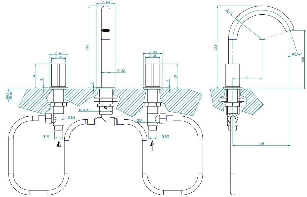 Смеситель для раковины с 3 отверстиями из нержавеющей стали Zazzeri Z316 ARCH-00088553 - Вид №4