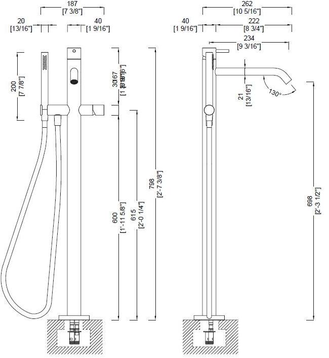 RIFRA Напольный смеситель для ванны из нержавеющей стали с ручным душем Forty 1210091/2 - Вид №1