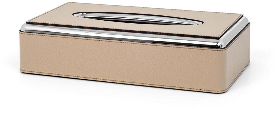 Прямоугольная коробка для салфеток - 14X26XH6 см / металлическая отделка_хром / плетеная кожа_кофе