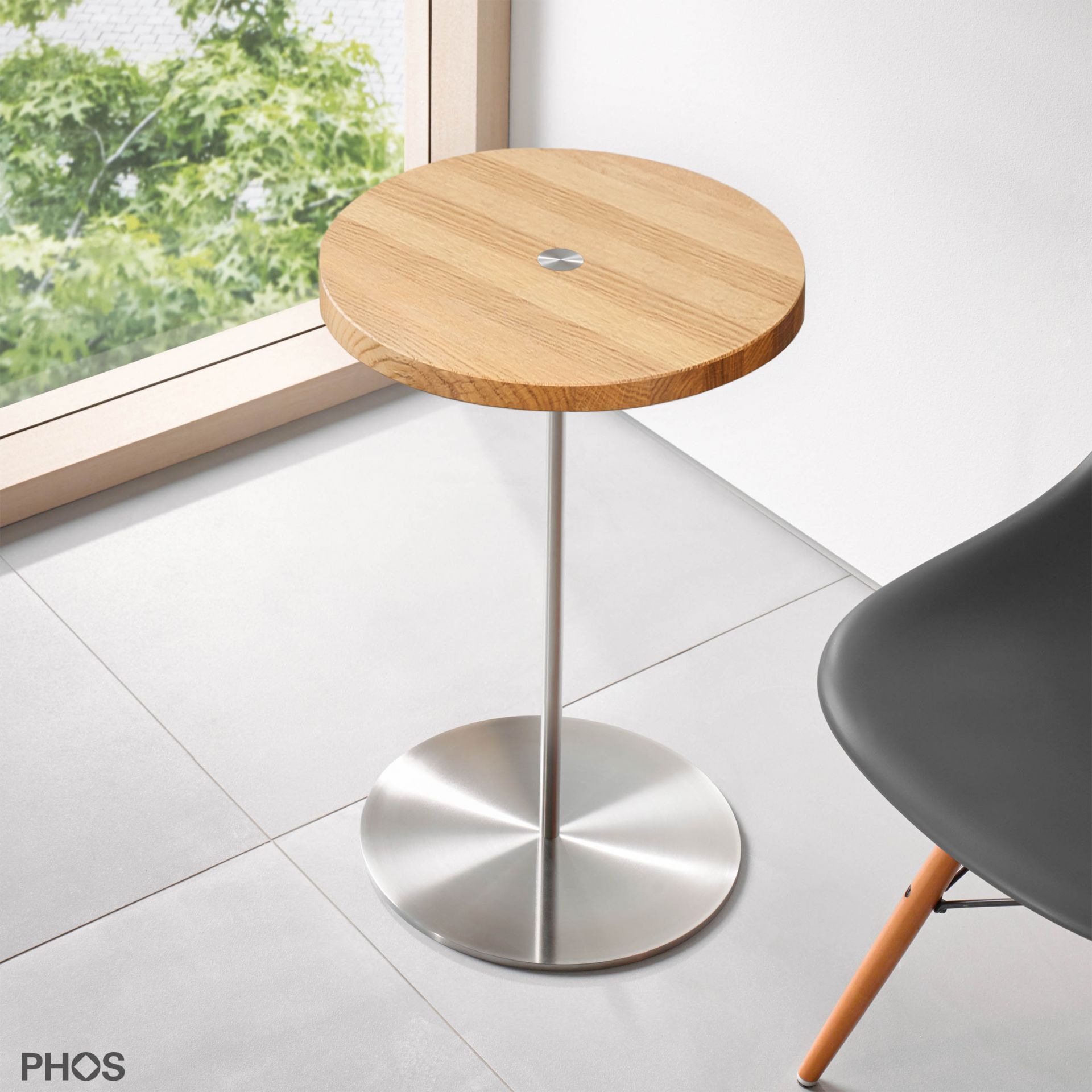 BT600-Eiche-E Приставной столик высотой 60 см, столешница из дуба, опорная плита из массивной нержавеющей стали. PHOS 