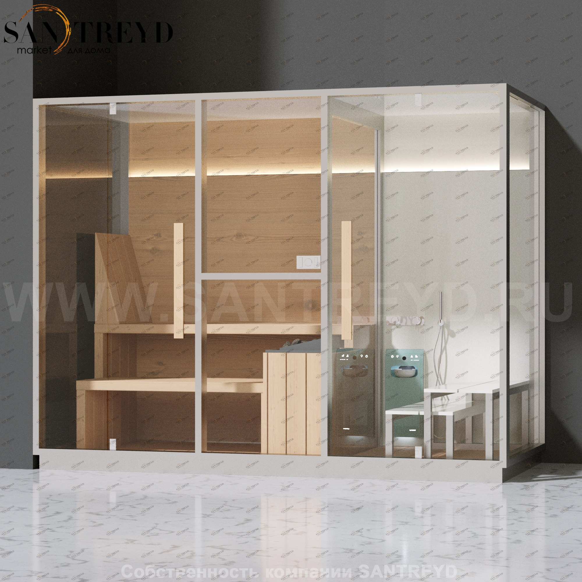 Effegibi MID LO70020002 Комбинированная баня: хаммам - душ и сауна. Установка: в левый угол. Мощность: 11 кВт макс. Размеры: длина 300 см, ширина 137 см. Отделка: канадский хемлок, матовый лакированный коричневый аллюминий и темный ламинат из керамогранит