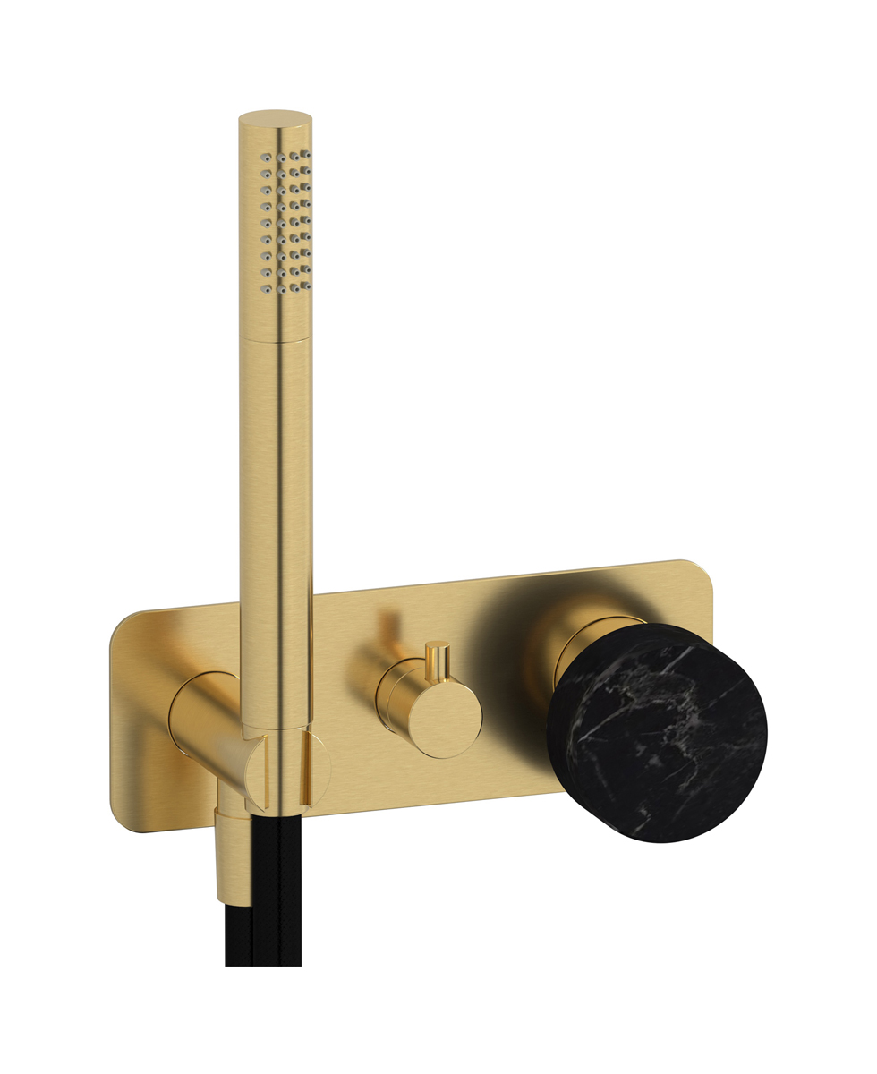 Внешние части встроенного в стену смесителя на 2 потребителя в комплекте с душевым гарнитуром. WE ARE IB mr313os_2 Brushed Gold Marmo