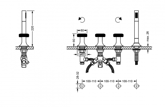 Смеситель для ванны на 4 отверстия ½“, монтаж на горизонтальной поверхности JOERGER Valenciaновинка 638.40.150.000-AA - Вид №1
