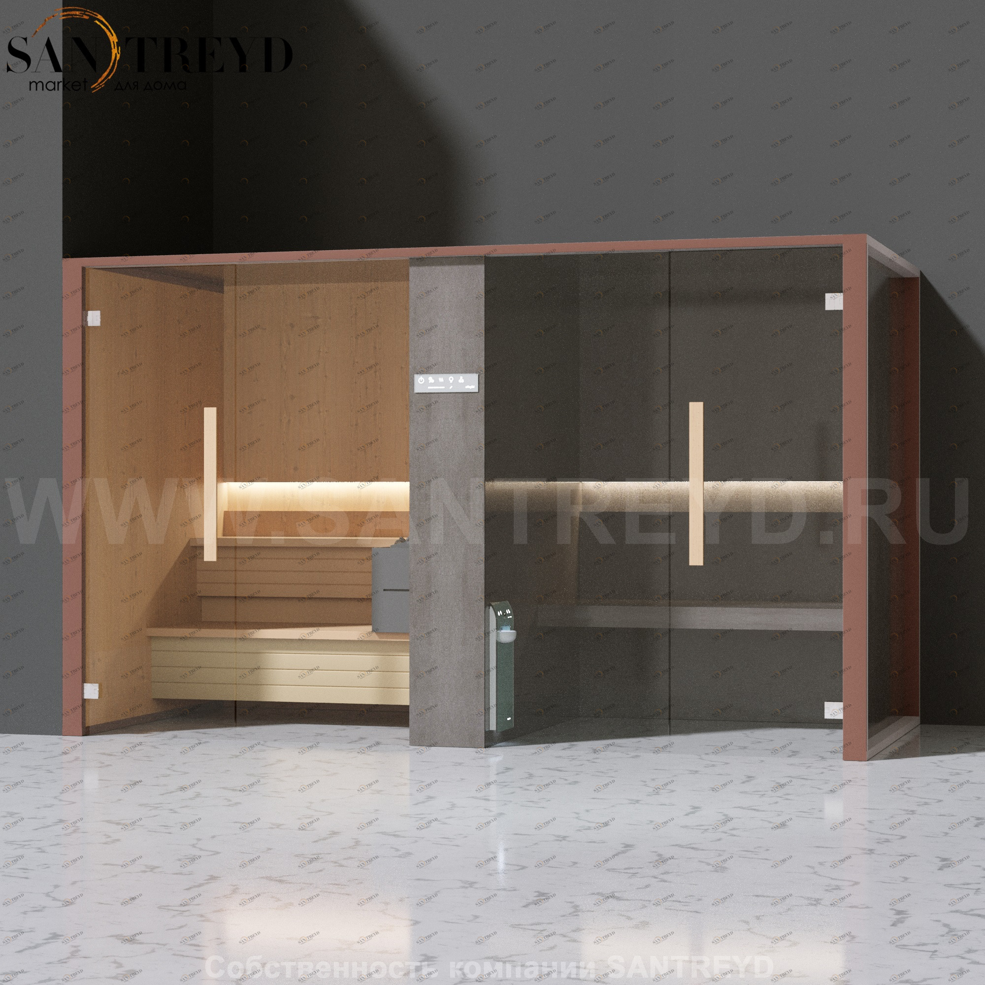 Effegibi LOGICAFILO SH LO41030003 Комбинированная баня: хаммам и сауна. Установка: в левый угол. Мощность: 10,5 кВт макс. Размеры: длина 373 см, ширина 171 см. Отделка: канадский хемлок, матовый лакированный коричневый аллюминий и темный ламинат из керамо