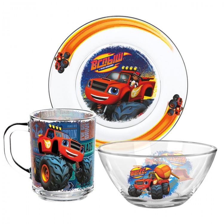 288805 Посуда стеклянная Дисней Набор для завтрака "Вспыш и чудо-машинки" 3 пр. "Вспыш - Спецтехника" 9.5 х 21 х 21 см Santreyd 