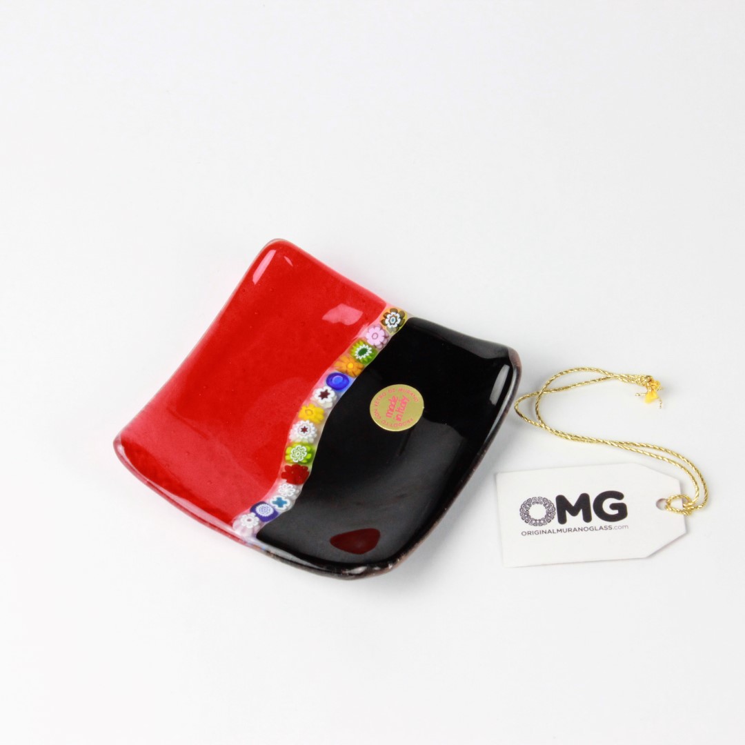 555 ORIGINALMURANOGLASS Квадратное черно-красное блюдце Муррина -Murrina rosso nero муранское стекло OMG 9 см  - Вид №1