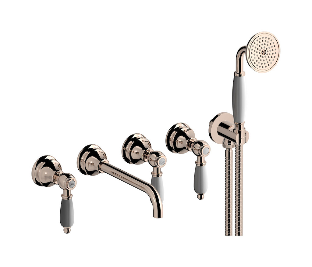 Настенный смеситель для ванной на 5 отверстий с дивертером и душевым гарнитуром. WE ARE IB hl398rs_2 Rose Gold Hermes