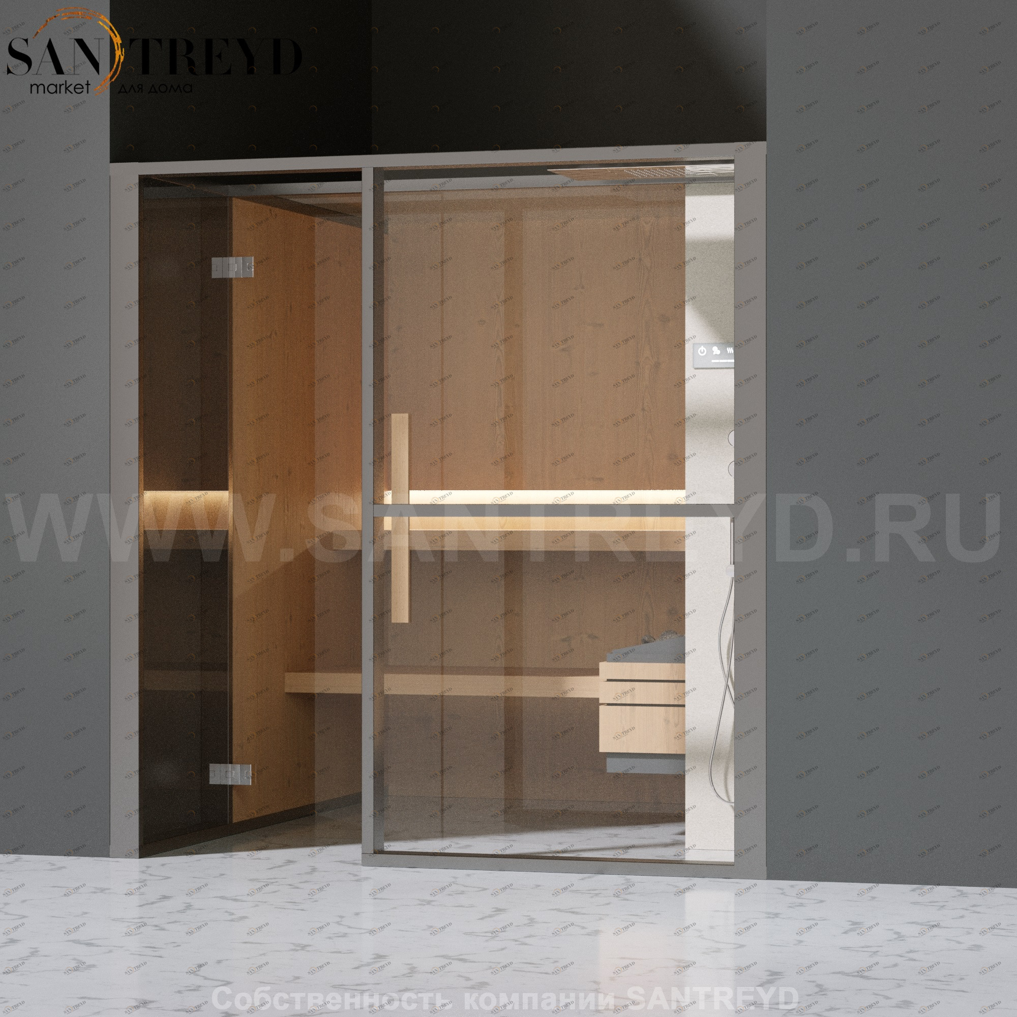 Effegibi LOGICAFILO S LO21010009 Сауна. Установка: в нишу. Правая дверь. Мощность: 6 кВт макс. Размеры: длина 214 см, ширина 250 см. Отделка: канадский хемлок, матовый лакированный серый аллюминий и бежевый ламинат из керамогранита.